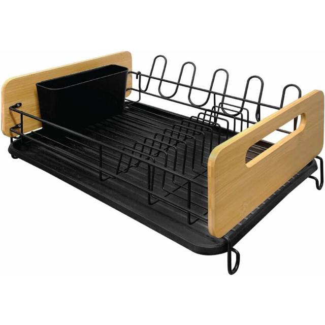 JS Gourmet Dish Drying Rack with Cutlery Holder and Drip Tray  Rust-Resistant Powder Coated Iron Wire Dish Drainer with Bamboo Sides for Organizing Ki