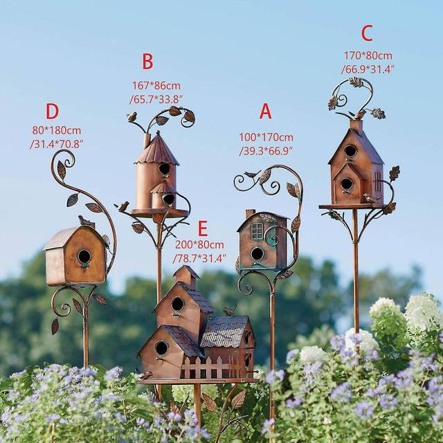 (D, One size) Metal Birdhouse Art Stake Outdoor Rustic Bird House Stand Garden Yard Decor - JXLGV