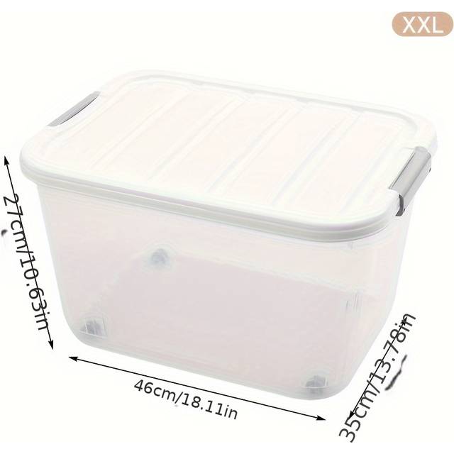 TEMU 1pc Clear Large Plastic Storage Box With White Lid & Wheels, For Books, Clothes, Toys, Household Storage Organizer For Closet, Wardrobe, Bedroom, Office, Kitchen, Car