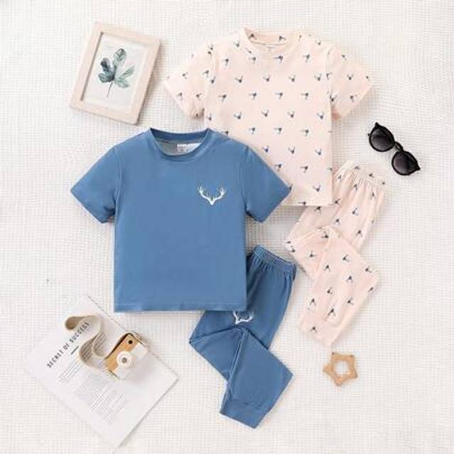 SHEIN 4pcs Boys Summer Knit Soft Round Neck Short Sleeve Print Pajamas, Cute/Vintage/Playful Basic Casual, Can Be Worn In Any Occasion, Spring/Summer Home S