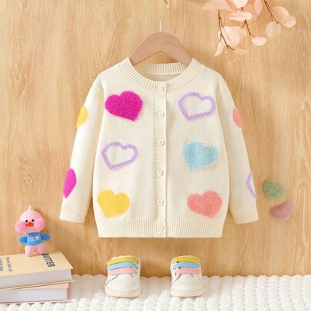 SHEIN Young Girls&#39; Cardigans Sweet Style Casual Commuting Wind Plush Heart Shaped Long Sleeve Autumn Fashionable Sweater Coat, Suitable For Daily Wear And O