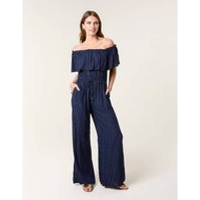 Blue Vanilla Navy Bardot Tie Waist Jumpsuit