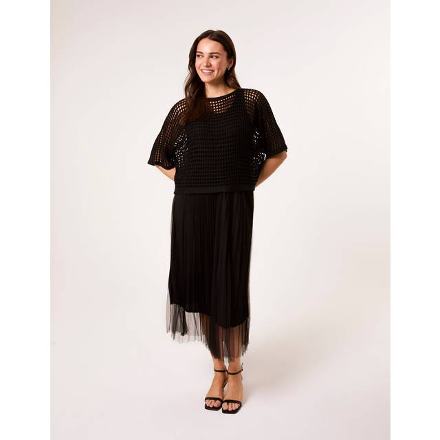 Crochet Top Pleat Dress - S/M / BLACK