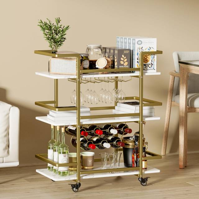 Metal Bar Cart, 3-Tier Drink Trolley with Wine Rack, Glass Holder - Gold (88cm H X 80cm W X 37cm D)