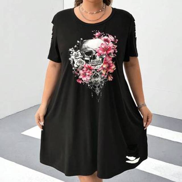 SHEIN Plus Size Loose Fit Short Sleeve Round Neckline A-Line Cut Distressed Knit T-Shirt Dress,Skeleton Print Dress For Music Festival