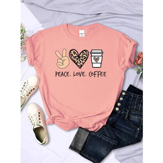 (Pink, XXXL) Peace Love Coffee Prints Women Tshirts Cotton High Quality T-Shirts Brand Breathable Tees Shirts Street O-Neck Tshirt For Women