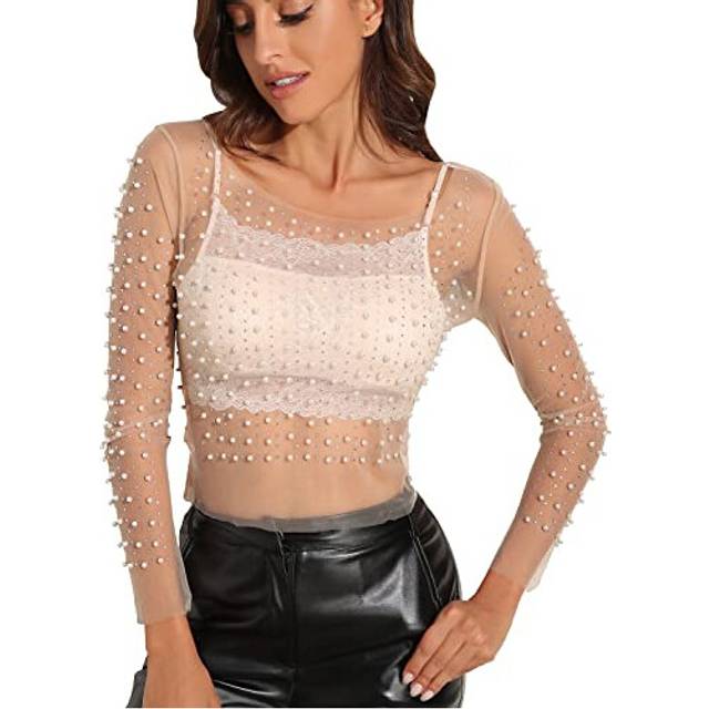 Modegal Women's Pearl Rhinestone See Through Long Sleeve Mesh Blouse O