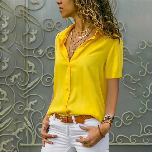 (Yellow, XL) Women Solid White Blouse Tops Office Lady Work Chiffon Button Summer Short Sleeve Yellow Red Female Blouses Shirts Femme