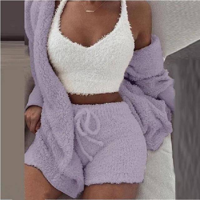 (4, S) Womens Fluffy 3-Piece Pajamas Set  Cozy Winter Sleepwear with Hoodie, Tank