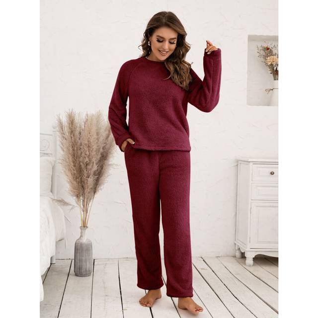 (Wine Red, XL) Womens Fluffy Fleece Fur Tops Pants Pyjamas Nightwear Teddy Bear Pajamas Set UK