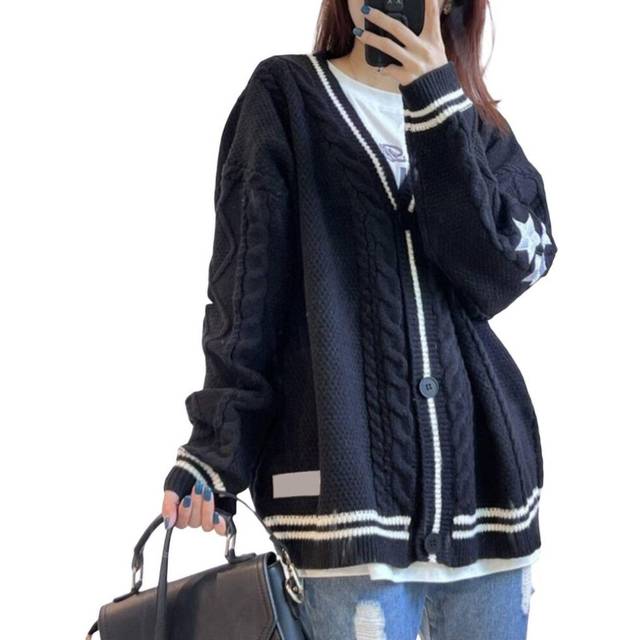 (black, XL) Chic Vintage Star Print Knitted Cardigan Preppy Cute Button Up V Neck Long Sleeve Coat Autumn Y2K Aesthetics Retro Sweater