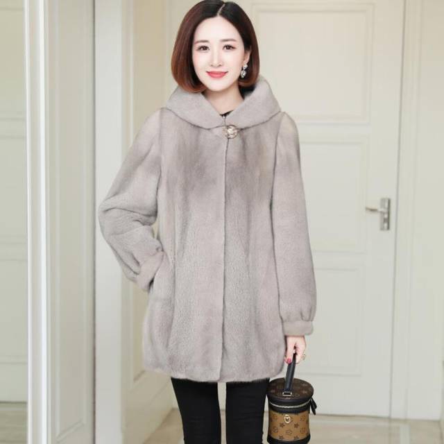 (grey, XXL) Women Thick Warm Outwear Hooded Mid Length Faux Fur Coat Female Parka Autumn Winter Imitation Mink Velvet Overcoat