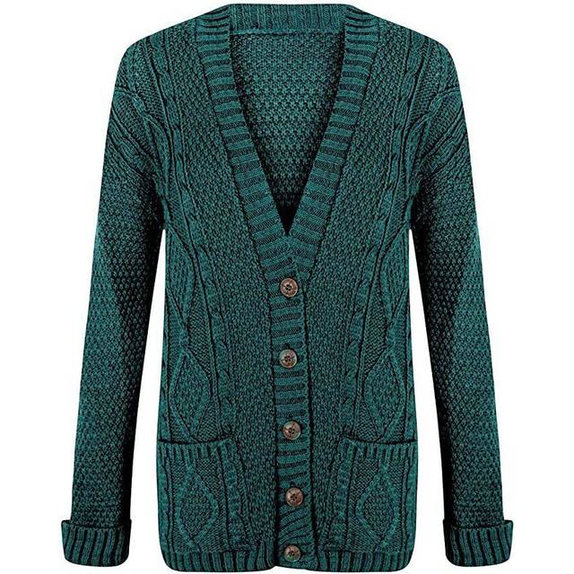 (Teal, 12-14) Womens Ladies Chunky Cable Knit Cardigan Button Long Sleeves Grandad Cardigans