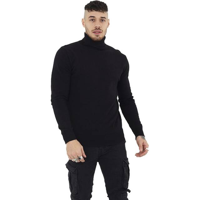 (Black, L(Chest Size 40 in - 42 in)) Brave Soul Men's Turtle Roll Neck Knitted Jumper Long Sleeve Pullover Sweater