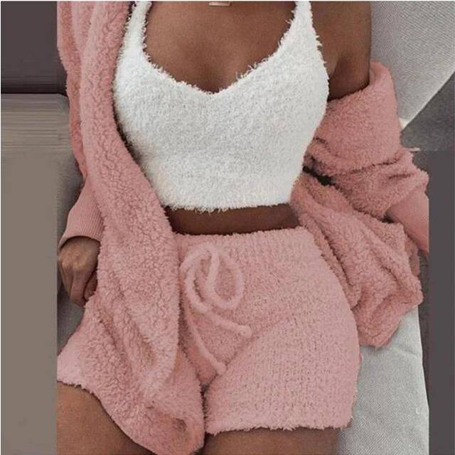 (1, L) Womens Fluffy 3-Piece Pajamas Set  Cozy Winter Sleepwear with Hoodie, Tank