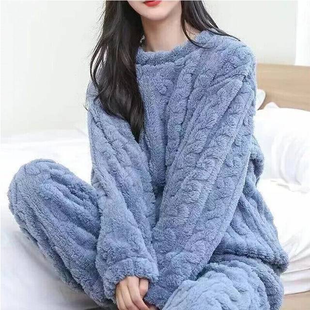 (Blue, L) Womens Pyjamas Sets Warm Fleece Loungewear Pjs Winter Fluffy Soft Nightwear UK