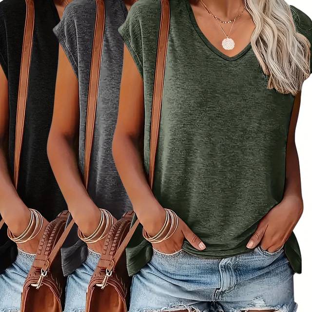 TEMU Spring And Summer Rayon Ribbed Solid Color T-shirt 3pcs
