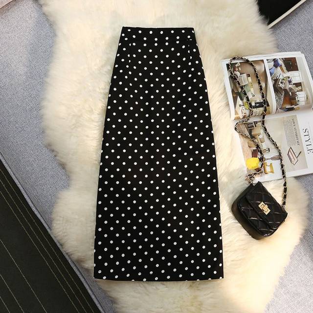 (Black, XL) Rear Slit Polka Dot Skirt For Women In Spring And Autumn, Slim High Waist And Knees, Mid-length Slim A-line Skirt