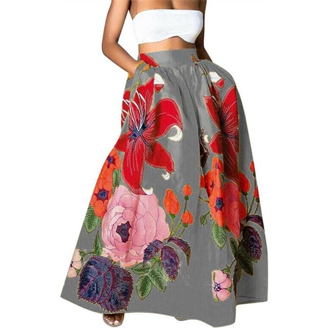 (Grey, S) Women's Skirts Bohemian Floral Loose High Waist Holiday Big Sway Pocket Skirt Women