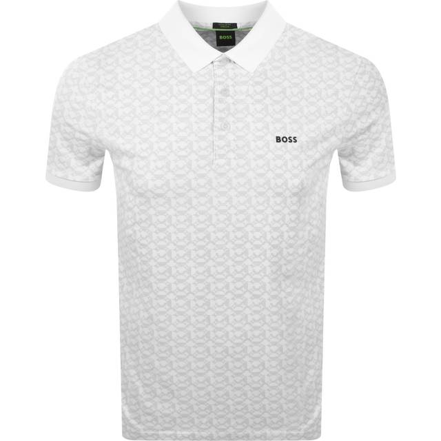 (M, White) Hugo Boss Mens 2025 Paddy Striped Cotton Blend Regular Fit Golf Polo Shirt