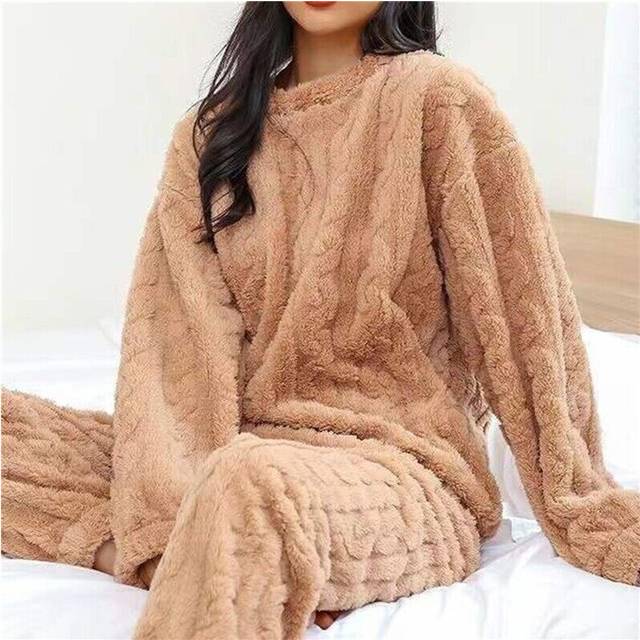 (Coffee, one size) Womens Pyjamas Sets Warm Fleece Loungewear Pjs Winter Fluffy Soft Nightwear UK