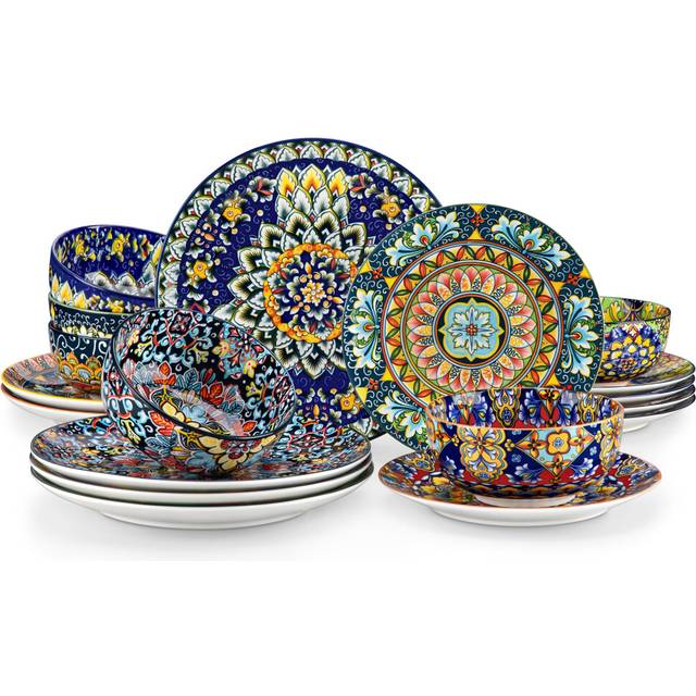 vancasso SIMI Dinner Set- 18 Pieces for 6 People, Porcelain Plates and Bowls Set, Bohemian Style Dinnerware Sets, Scratch Resistant Dinner Service