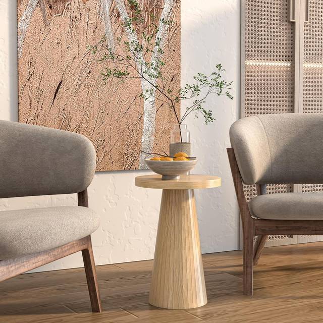 White Mid Century Elegant Design Modern Night Stand Circle Bedside Table - Oak