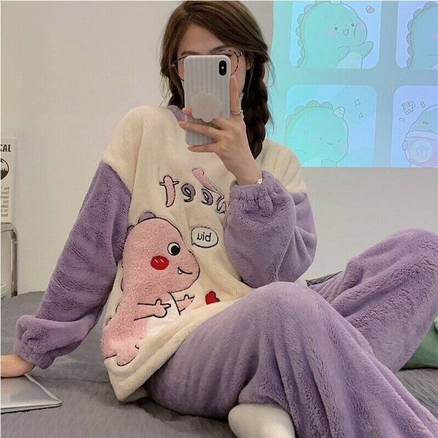 (purple dinosaur, L) Ladies Fleece Pyjama Soft Warm Crew Neck Loungewear Nightwear Top Pants Set
