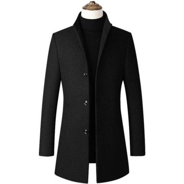 (black, M) Men Fall Winter Trench Coat Stand Collar Single-breasted Straight Solid Color Long Sleeve Cardigan Thick Warm Pockets Mid Length Men Jacket