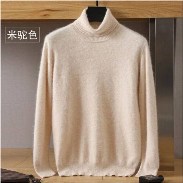 (Beige, XXL(85-95)kg) Winter Men's High Neck Sweater 100% Cashmere Autumn and Loose Knit Wool Sweater