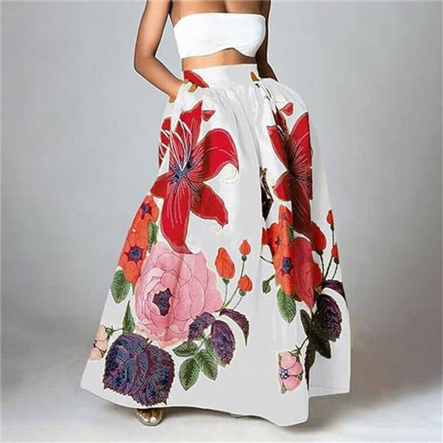 (White, M) Women's Skirts Bohemian Floral Loose High Waist Holiday Big Sway Pocket Skirt Women