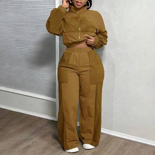 Slaydiva 2pcs Set: Casual Sports Stand Collar Zip-Up Long Sleeve Sweatshirt Jacket + Straight Leg Thermal Lined Pant, For Women, Autumn/Winter