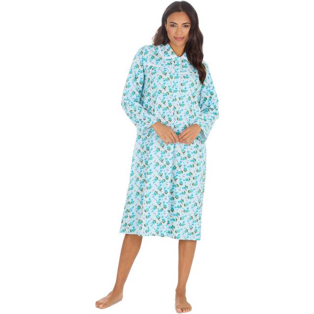 (Blue, 14-16) Ladies Floral 100% Cotton Nightie Long Sleeved Nightdress Below Knee Classic Nightwear Collared Sleep Shirt Sizes Uk 10-24