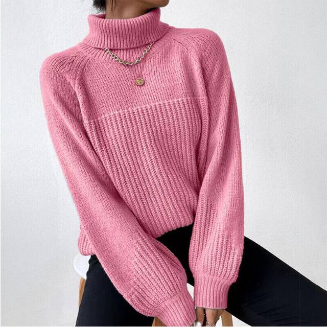 (Pink, UK Size 16=Tag Size XXL) Ladies Polo Neck Warm Sweater Womens Chunky Cable Knitted Jumper Pullover Tops
