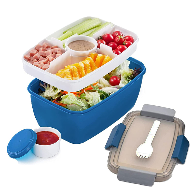 Adult Lunch Box, 2000 Ml, Lunch Box with Compartments, 2-Tier Salad Box to Go, Large, Sustainable, Leak-Proof Blue