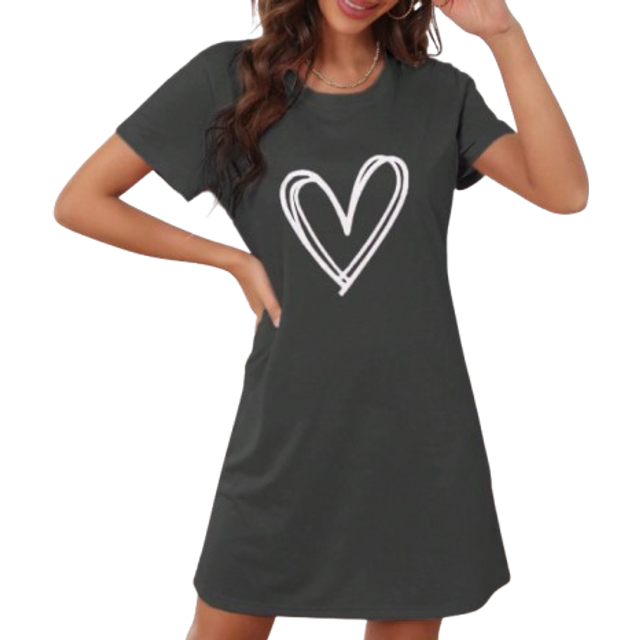 SHEIN Heart Print Casual Round Neck Short Sleeve Nightgown