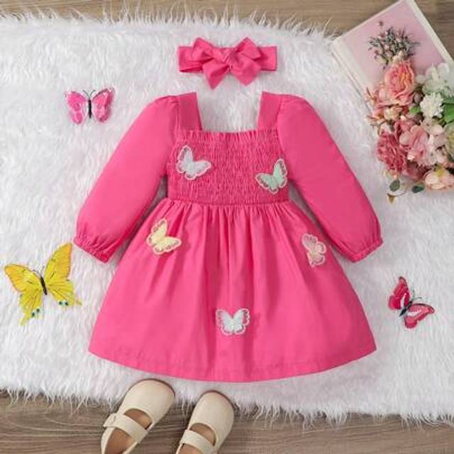SHEIN Baby Girl Cute Embroidery Butterfly Appliques Shirred Bodice Puff Sleeve Dress With Hairband