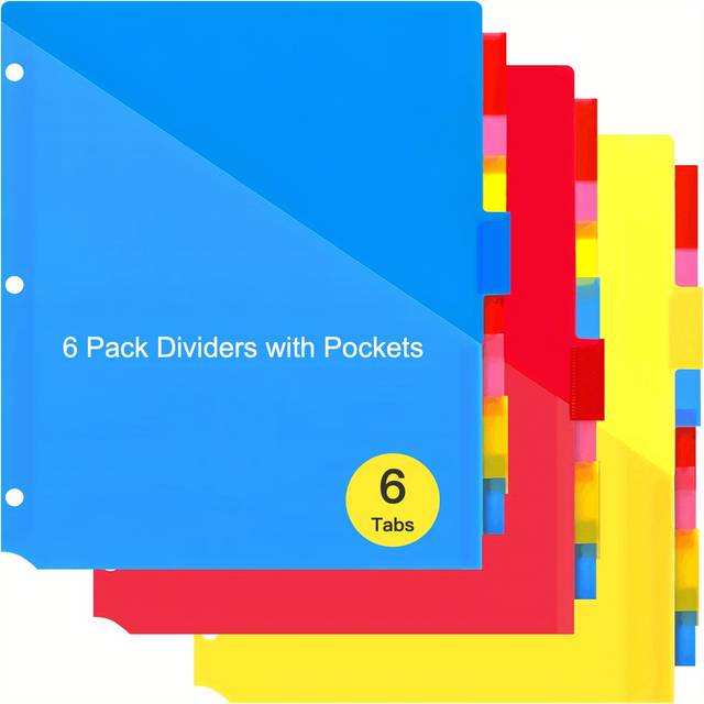 TEMU 6pcs Dividers With Pockets, Dividers For 3 Ring Binder With Pockets, Dividers With Pockets, Loose-leaf Index Divider Pages, Notebook Dividers With Pockets, Vibrant Color
