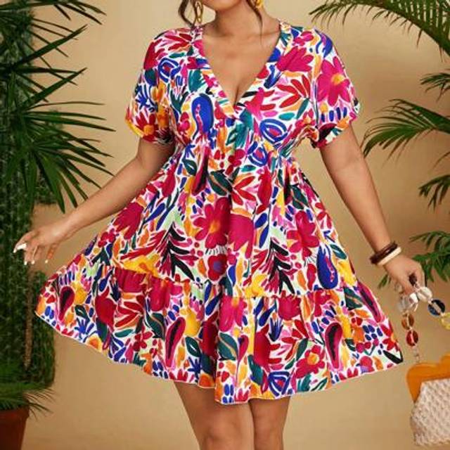 Plus Size Djup V-ringad Kortärmad Konstnärlig Abstrakt Oljemålning Klänning, vår/sommar - Multifärgad (0XL,1XL,2XL,3XL,4XL)