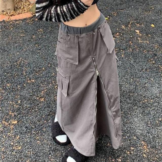 (gray, M) Cargo Skirt Long Women Vintage Harajuku High Waist Pocket Patchwork Zipper Split Grunge Straight Skirt Y2k Streetwear