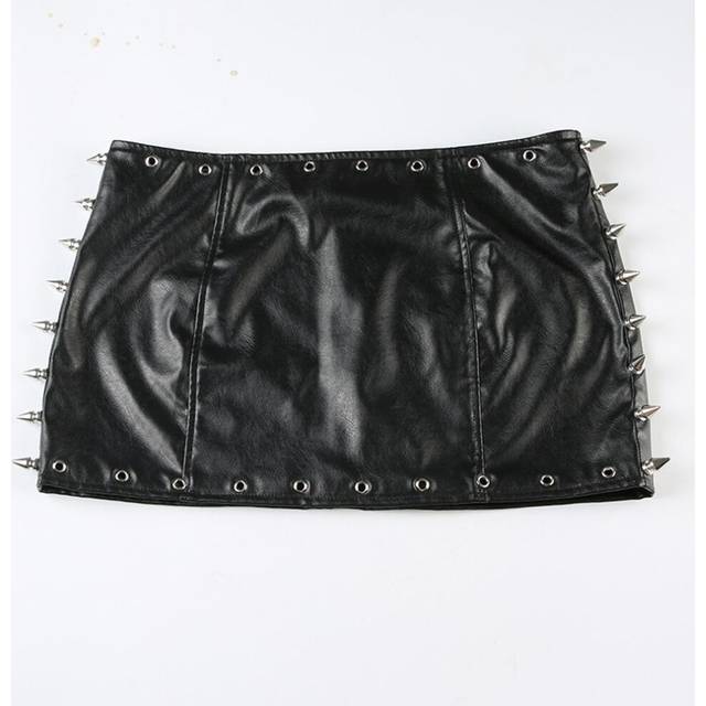 (23216, S) Fashionable Street Slit Stud Leather Skirt Adjustable Belt Cool Hot Girl Zipper Pleated Skirt Short Skirt