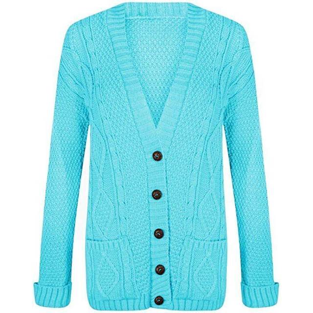 (Aqua, 20-22) Womens Ladies Chunky Cable Knit Cardigan Button Long Sleeves Grandad Cardigans