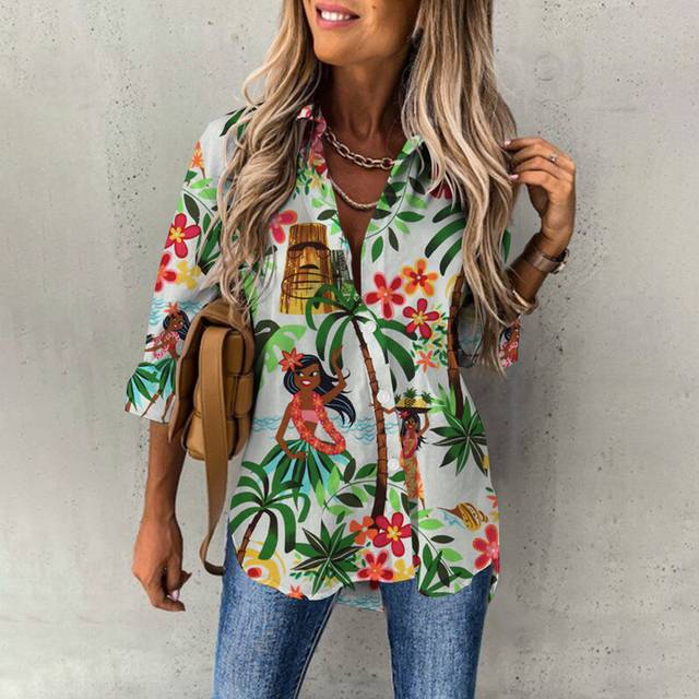 (B25SLCZ3413146, 5XL) Summer Women's Hawaiian Shirts Flamingo Print Beach Party Shirts Button Down Fashion Long Sleeve Shirts Oversized Streetwear