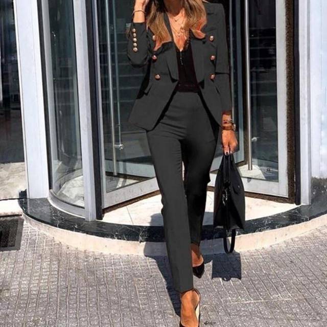 (black, XXL) New Arrival Women&apos;s Fashion Two-piece Casual Suits Blazer and Pants Set Office Lady Clothing Solid Color Plus SizeZA