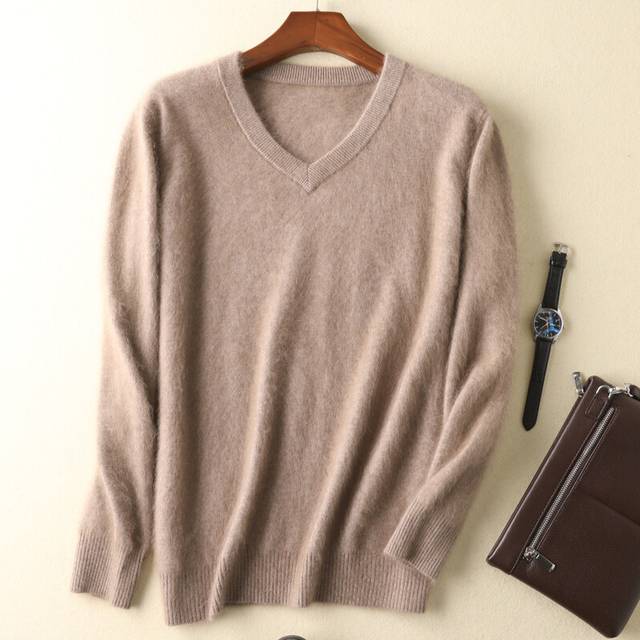 (Camel, XXXL) New Men's Cashmere Sweater Soft V-neck Casual Pullover Winter Warm Sweater