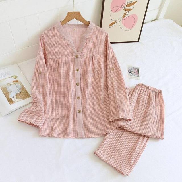 (pink, M) New Spring And Autumn Ladies Pajamas Set 100%cotton Gauze Four Seasons Long-sleeved Trousers Two-piece Simple Plaid Home Service