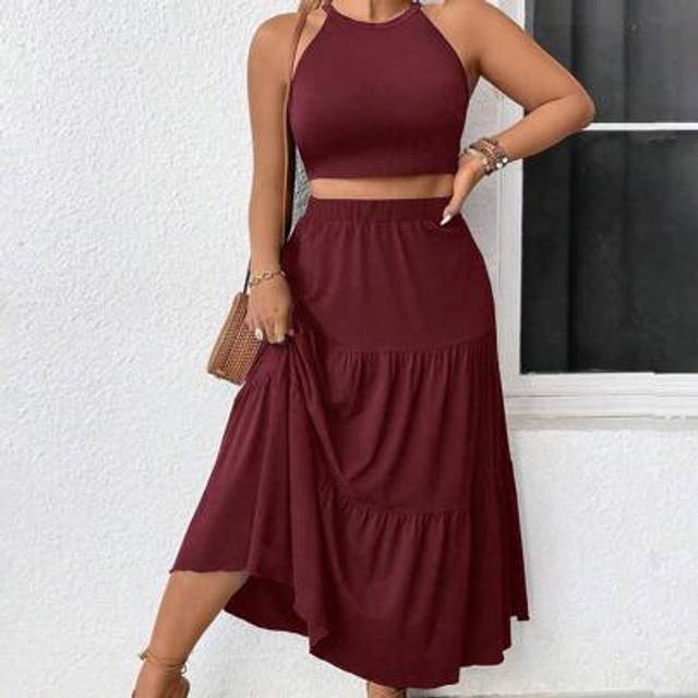 2st/set Plus Size Enfärgad ärmlös topp och minikjol, minimalistisk och trendig för sommaren - Bourgogne (0XL,1XL,2XL,3XL,4XL)