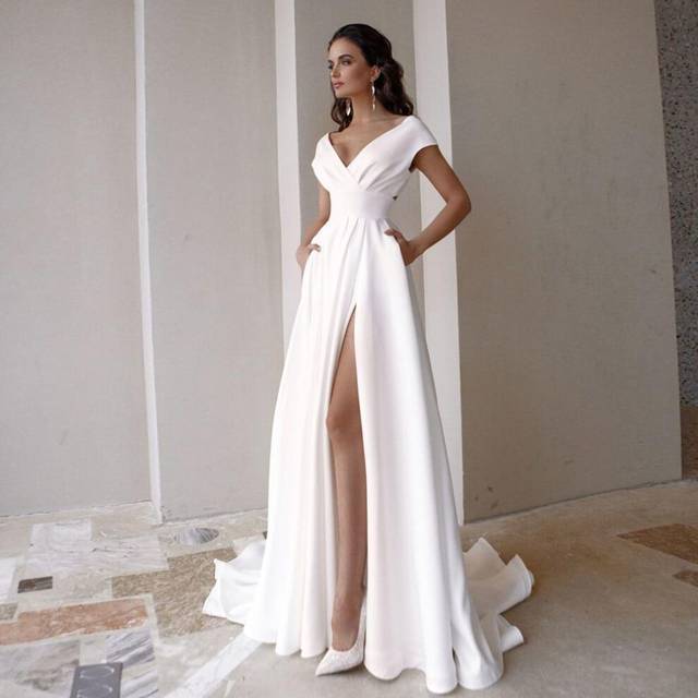 (white, S) V-neck Wedding Dress Fashion Short Sleeve Sweep Train Slit A Line Bridal Gown With Pockets