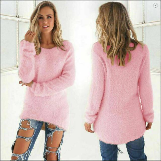 (Pink, 5XL) Womens Winter Warm Sweater Fluffy Plain Jumper Ladies Casual Long Pullover Tops
