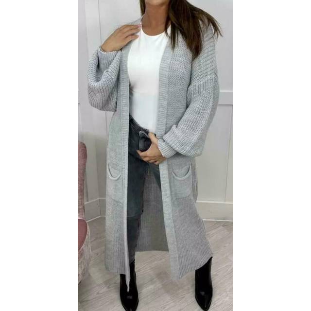 (Light Grey, UK ML 12-14) Womens Chunky Knitted Oversized Cardigan Lady Balloon Sleeve Long Maxi Cardigan.